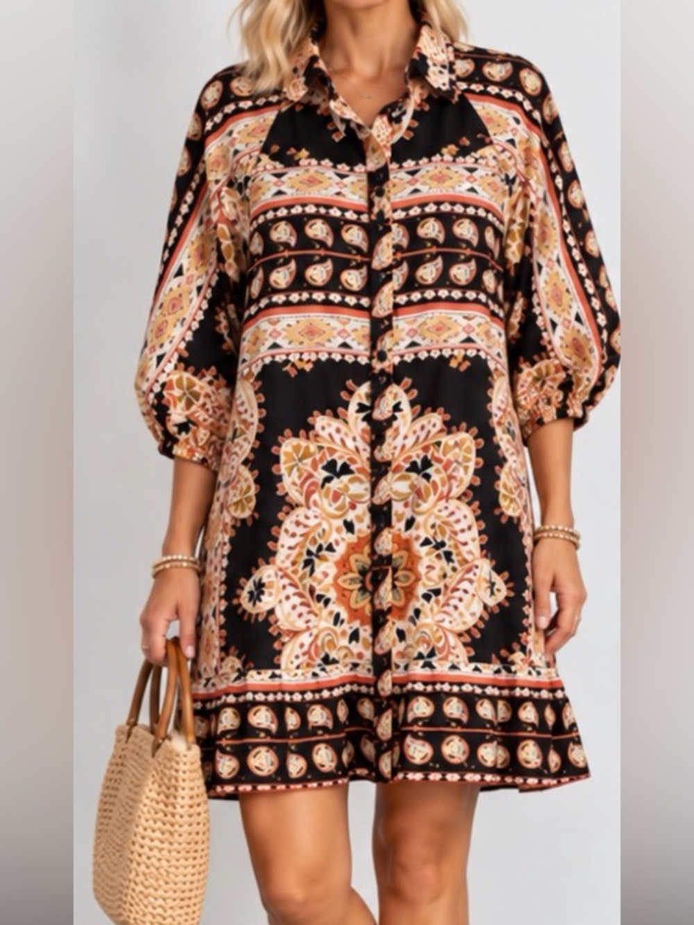 NWT Black Floral Paisley Button-Front Mini Dress